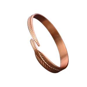 Copper feather cuff bracelet adjustable open design vintage style jewelry for women and men