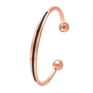Pure copper magnetic open cuff bracelet with black enamel stripe, adjustable fashion jewelry.