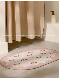 Cream style oval bath mat with cute bear pattern, absorbent non-slip floor mat for bathroom.