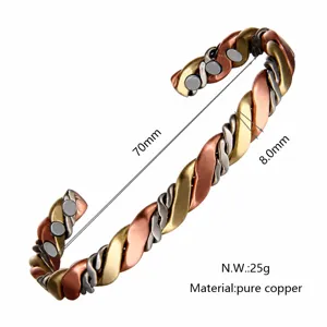 Bracciale rigido aperto in rame magnetico intrecciato a tre colori con magneti 8mm
