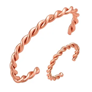 Vintage Pure Copper Twisted Open Bangle Ring Set For Women Men Couple Retro Fashion Twisted Cable Cuff Bracelet Statement Hand Jewelry Gift