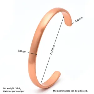 Pure copper open bangle bracelet for men and women, adjustable matte finish cuff jewelry.