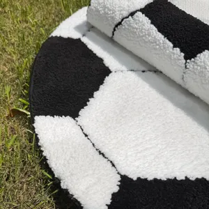 Round soccer ball pattern rug, black and white plush fluffy non-slip floor mat for home.