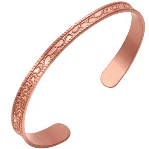 Rose copper open cuff bracelet with intricate embossed vintage pattern for women fashion wear