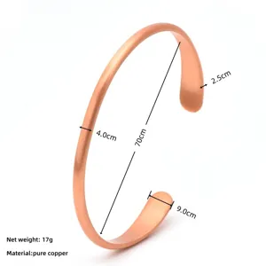 Detail view of the pure copper open cuff bracelet, showing smooth surface and clear dimensions.