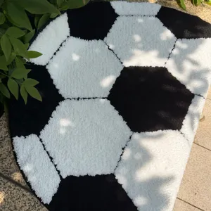 Round black and white soccer ball pattern rug, thickened flocked non-slip floor mat for home decor.