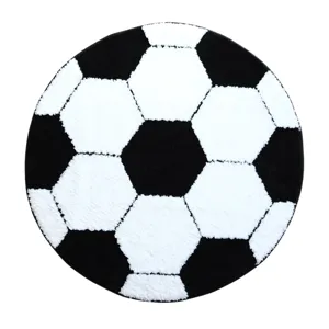 Round soccer ball rug, black and white tufted anti-slip floor mat for home decor and living room.