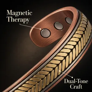 Close-up of copper magnetic bracelet, showcasing dual-tone braided texture and inner magnets.