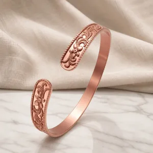 Vintage Pure Copper Open Cuff Bracelet For Women Adjustable Retro Floral Pattern Embossed Elegant Hand Jewelry Fashion Gift