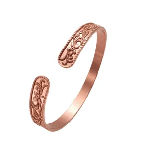 Vintage floral engraved open cuff bracelet in rose gold tone adjustable copper jewelry for women