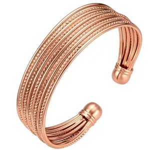 Stunning multi-strand rose gold copper cuff bracelet with textured wires and ball ends.