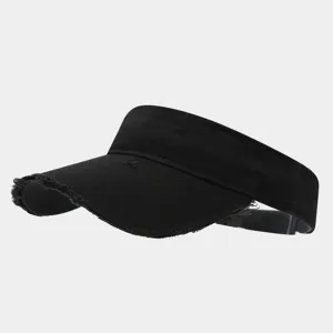 Detailed close-up of the black washed distressed sun visor hat showing raw edge brim design.