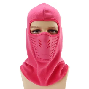 Pink fleece balaclava face mask detail showing breathable vent holes for cold weather outdoor sports.