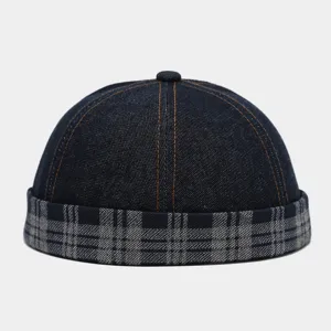 Retro denim docker cap with plaid brim, casual streetwear brimless hat for men and women.