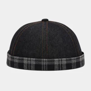 Vintage black denim docker hat with plaid brim, retro streetwear unrimed sailor cap for men women.