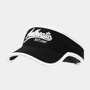 Cappello visiera parasole nero e bianco con ricamo, design aperto elegante per lo sport estivo.