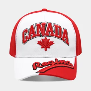 Detailed view of the red and white 3d embroidered Canada baseball cap with maple leaf.
