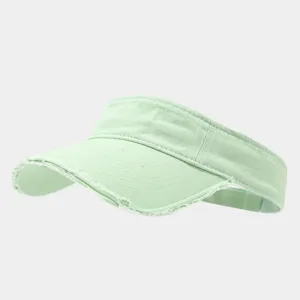 Distressed washed empty top sun hat detail view, light green casual outdoor visor.