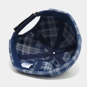 Retro plaid denim docker cap for men and women, vintage roll back miki hat street style.