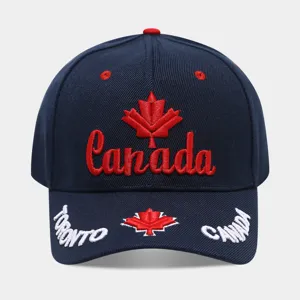 Detail view of the navy blue Canada 3D embroidered baseball cap with red maple leaf.