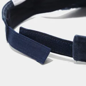 Detailed close-up shot of dark blue washed empty top sun hat with adjustable velcro strap.