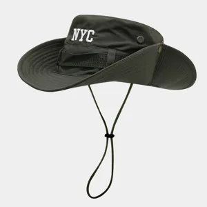 Detail view of the green outdoor bucket hat featuring white NYC embroidery, adjustable wind cord.