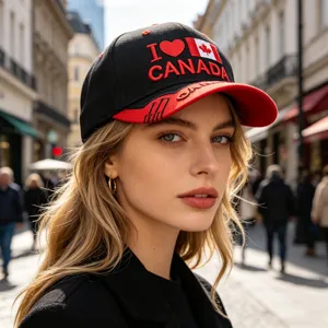 Black cotton baseball cap with Canada flag embroidery and red I love Canada text for outdoor.