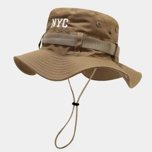 Japanese style tactical bucket hat with chin strap and NYC embroidery outdoor sun cap