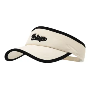 Visiera parasole beige con bordo nero e ricamo vintage, cappellino casual elegante.
