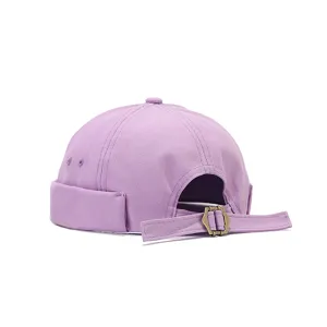 Purple dockworker cap detail shot, minimalist miki hat with adjustable metal buckle strap.