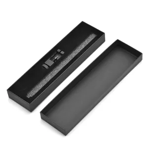 Black gift box packaging with metal bracelet link remover tool detail view accessory.