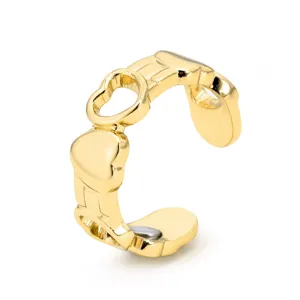 Detailed view of the gold plated copper open ring featuring double heart motifs and magnetic design.
