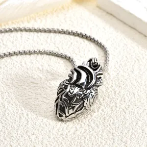 Stainless steel anatomical heart pendant necklace, retro punk style jewelry for men and women.
