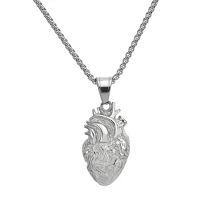 Stainless steel anatomical heart pendant necklace, punk gothic silver jewelry for men and women.
