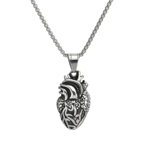 Detailed view of the vintage anatomical heart stainless steel pendant necklace, punk style.