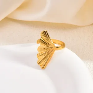 Minimalistischer Titanstahl Offener Ring Für Damen Gold Silber Plattiert Meeresmuschel Ginkgoblatt Verstellbarer Mode Urlaubs Schmuck