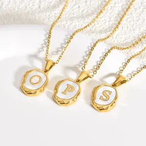 Stainless steel initial letter necklace with mother of pearl pendant, stylish jewelry.