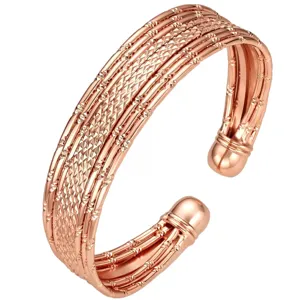 Rose gold multi strand woven open cuff bracelet adjustable copper bangle jewelry for women.