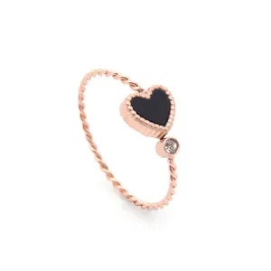 Rose Gold Stainless Steel Black Heart Ring with Cubic Zirconia Beaded Band Fashion Jewelry