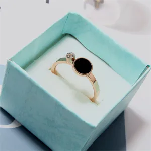 Minimalist Rose Gold Titanium Steel Ring with Black Disc and Crystal For Women Jewelry