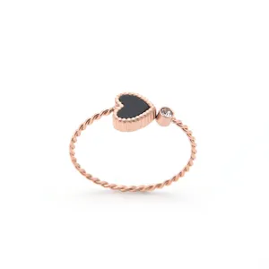 Rose gold stainless steel heart ring with black shell and crystal detail fashion jewelry