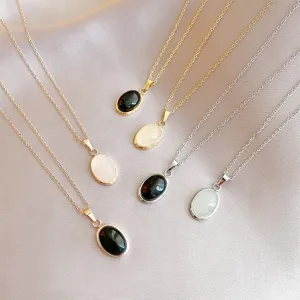Minimalist Stainless Steel Necklace For Women Elegant Oval Artificial Cat's Eye Stone Pendant Rose Gold Plated Jewelry Gift