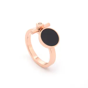 Korean Titanium Steel Rose Gold Ring Round Black Acrylic Inlaid Rhinestone Geometric Finger Ring Fashion Jewelry For Women Men