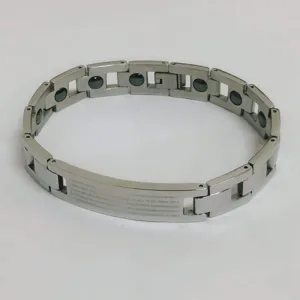 Men's titanium steel magnetic bracelet with engraved text, stylish minimalist wrist jewelry.