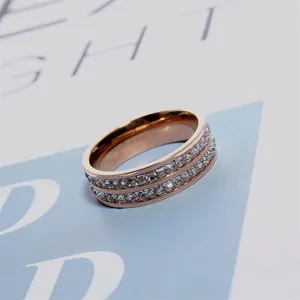 Stainless steel rose gold double row rhinestone ring detail view showing sparkling crystal stones.