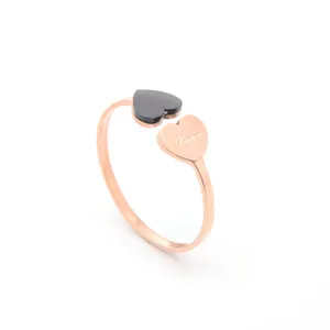 Korean Fashion Titanium Steel Rose Gold Open Ring Black Acrylic Double Heart Adjustable Finger Ring For Women Daily Commute Jewelry