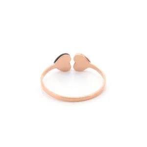 Minimalist titanium steel open ring with double heart design, elegant rose gold finish.
