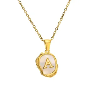 Stainless steel gold-plated necklace featuring an irregular mother-of-pearl letter A pendant.
