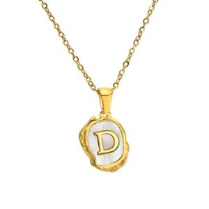 Gold stainless steel initial letter D pendant necklace with mother of pearl inlay fashion jewelry
