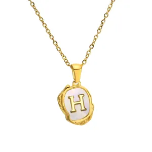 Gold stainless steel initial necklace with mother of pearl shell letter H pendant jewelry.
